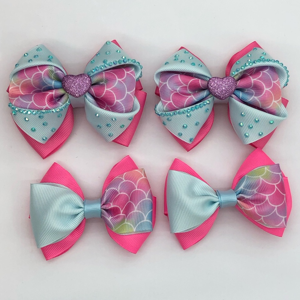 Kids Pink & Light Blue Mermaid Scale Hair Bows - Glitter Heart Accent